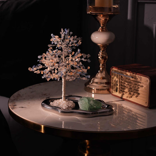 a crystal tree made by Tourmalinated Quartz, Citrine, Kyanite, Green Fluorite