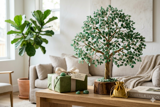 Luxury Green Aventurine crystal tree displayed on a wooden console in a contemporary living room, reflecting biophilic design trends.