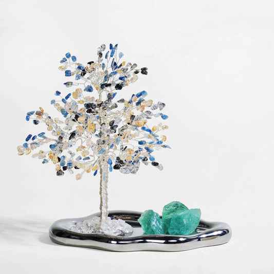 a crystal tree made by Tourmalinated Quartz, Citrine, Kyanite, Green Fluorite