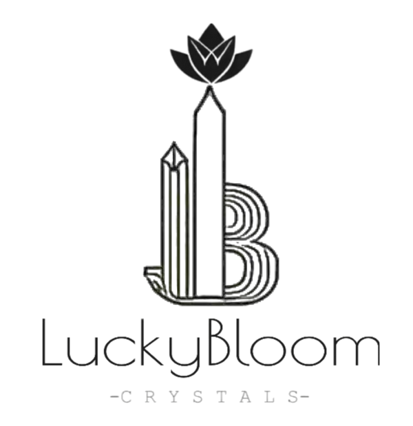 Logo of LuckyBloom Crystals featuring a lotus flower and geometric crystal design, representing crystal Feng Shui trees and wellness decor